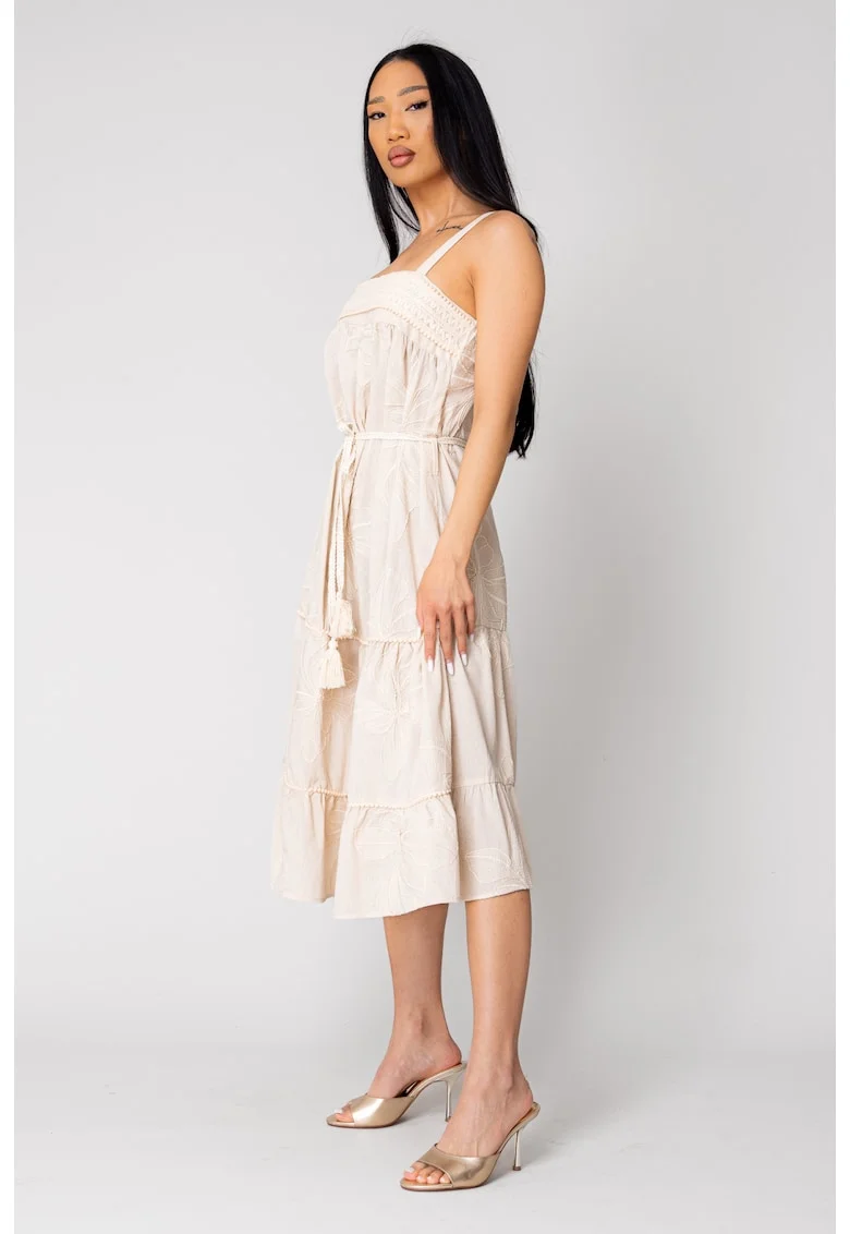 Rochie Lunga cu bretele si broderie Beige 16510, Bej