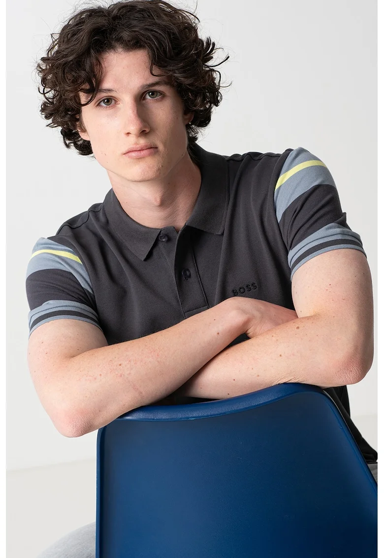 Tricou polo cu model in dungi contrastante, Albastru prafuit/Galben pal/Gri inchis