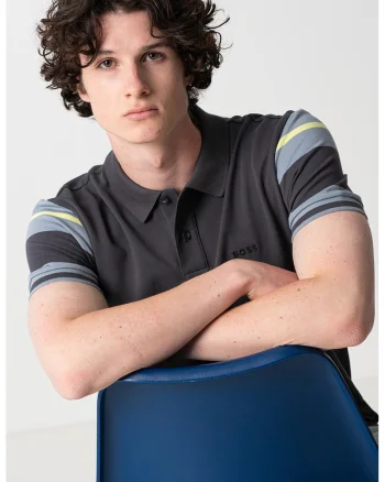 Tricou polo cu model in dungi contrastante, Albastru prafuit/Galben pal/Gri inchis