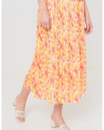 Fusta midi cu imprimeu floral, Galben/Roz