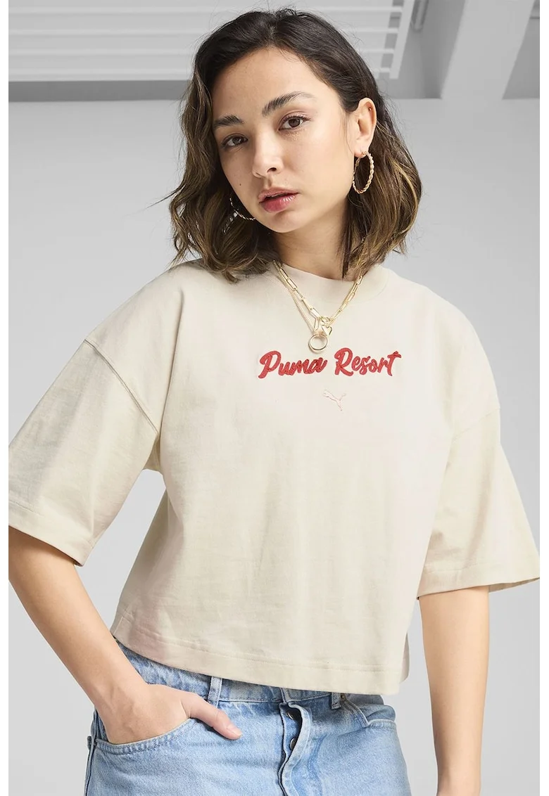 Tricou crop de bumbac, Rosu vermillion/Bej deschis
