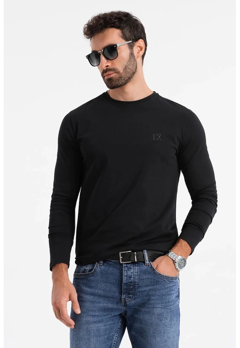 Bluza din amestec de bumbac cu decolteu la baza gatului, Negru