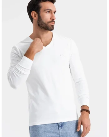 Bluza din amestec de bumbac cu decolteu in V, Alb