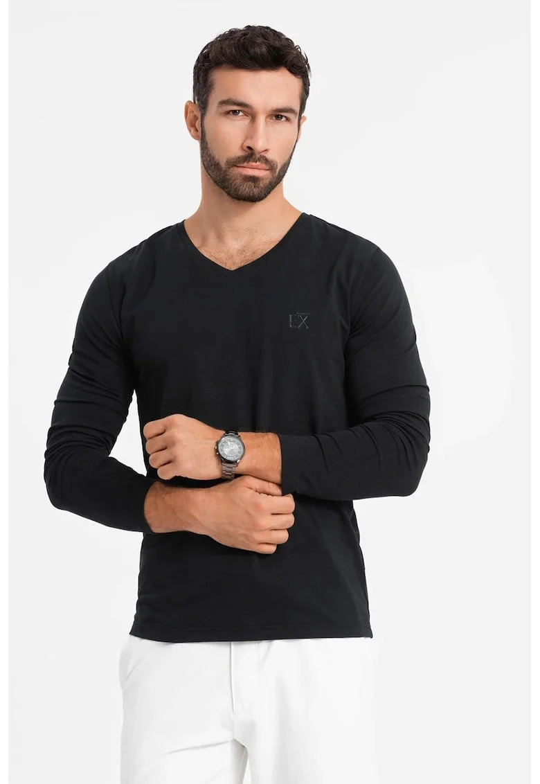 Bluza din amestec de bumbac cu decolteu in V, Negru