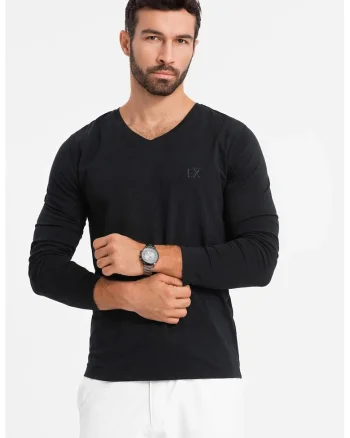 Bluza din amestec de bumbac cu decolteu in V, Negru