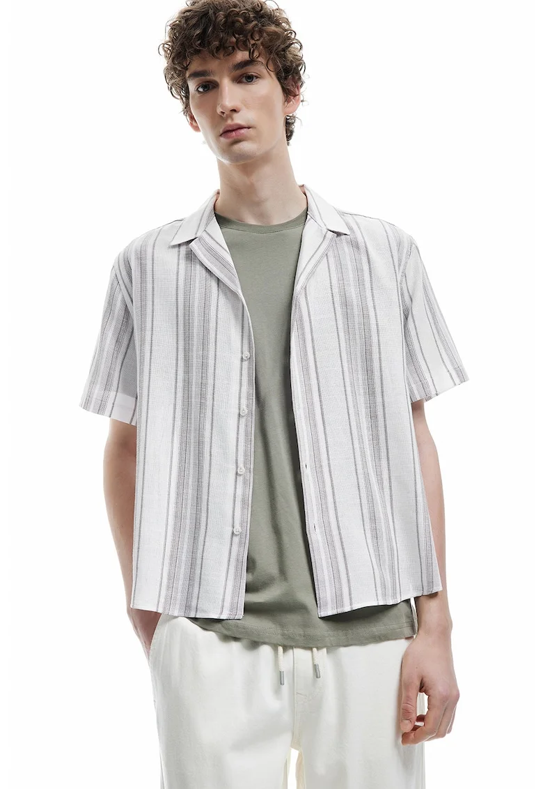 Camasa regular fit cu model in dungi si maneci scurte, Maro/Bej deschis