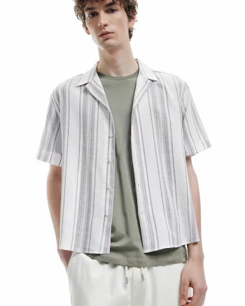 Camasa regular fit cu model in dungi si maneci scurte, Maro/Bej deschis