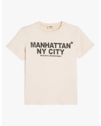 Tricou cu imprimeu text frontal, Bej/Gri inchis