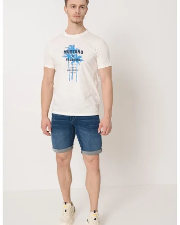Tricou cu imprimeu frontal, Albastru/Crem
