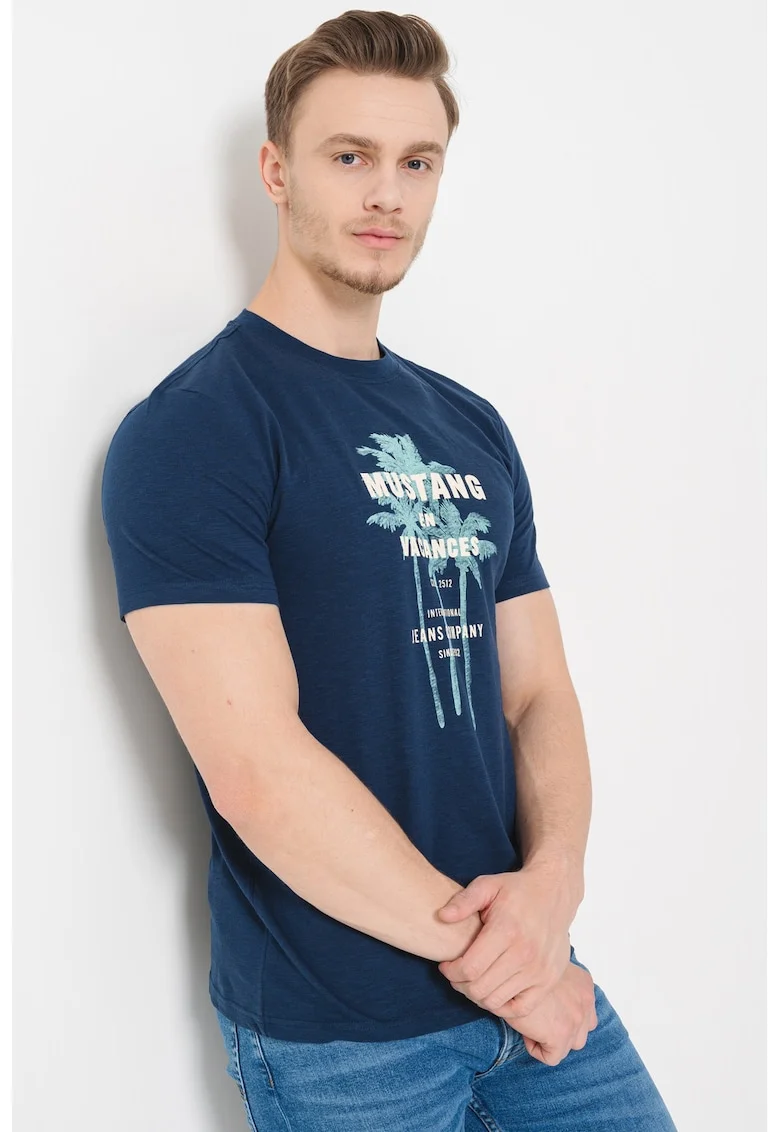 Tricou cu imprimeu frontal, Albastru inchis/Albastru glaciar