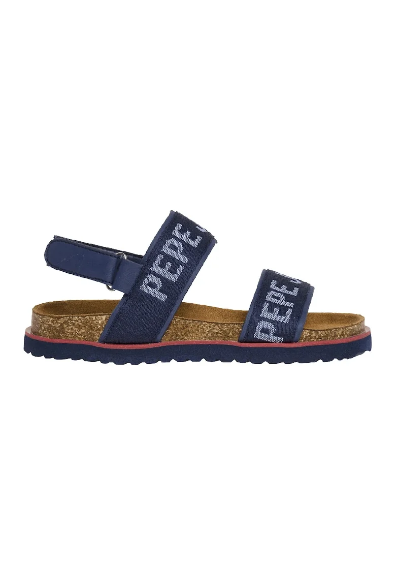 Sandale de piele ecologica si material textil cu logo, Albastru inchis
