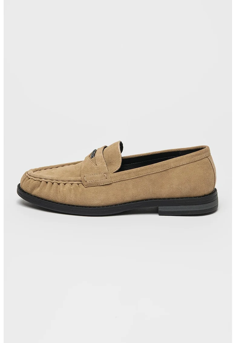Pantofi loafer de piele intoarsa cu detaliu cu fronseuri, Kaki
