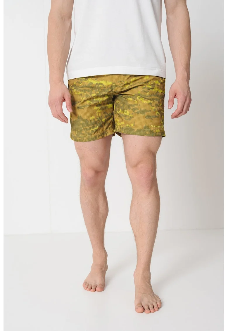 Pantaloni scurti de baie cu cordon in talie si model, Verde lime/Verde feriga