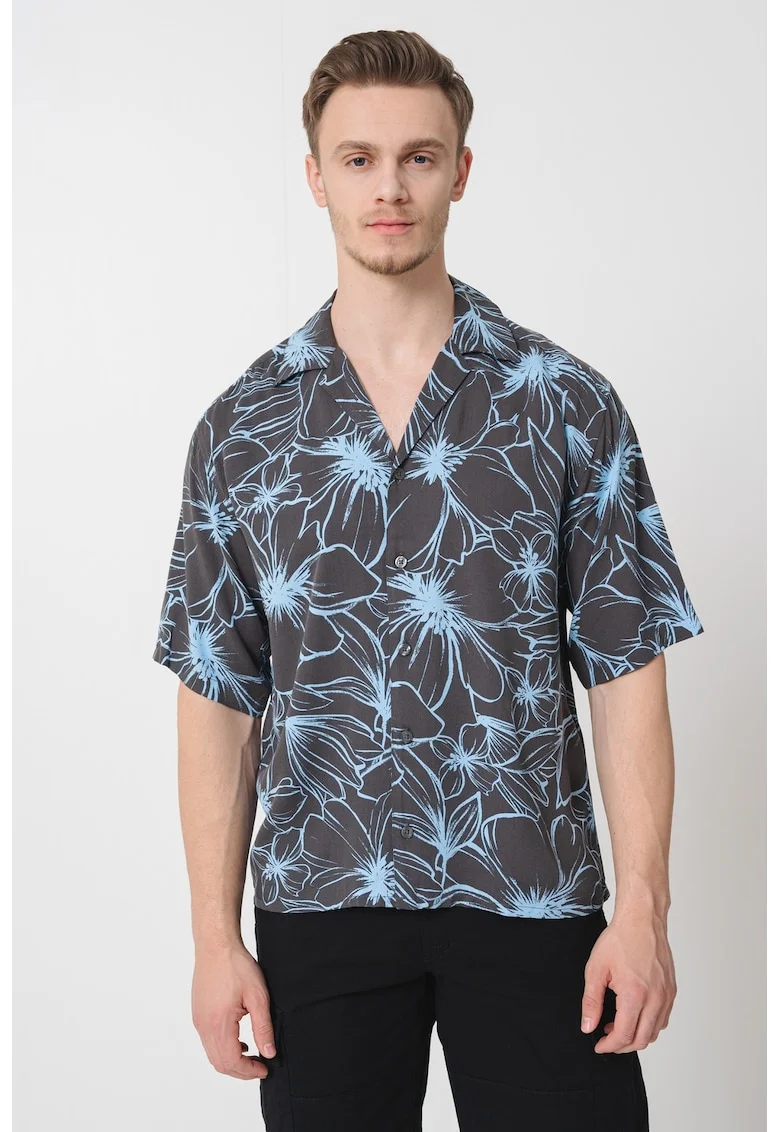Camasa cu maneci scurte si model floral, Albastru pastel/Gri inchis