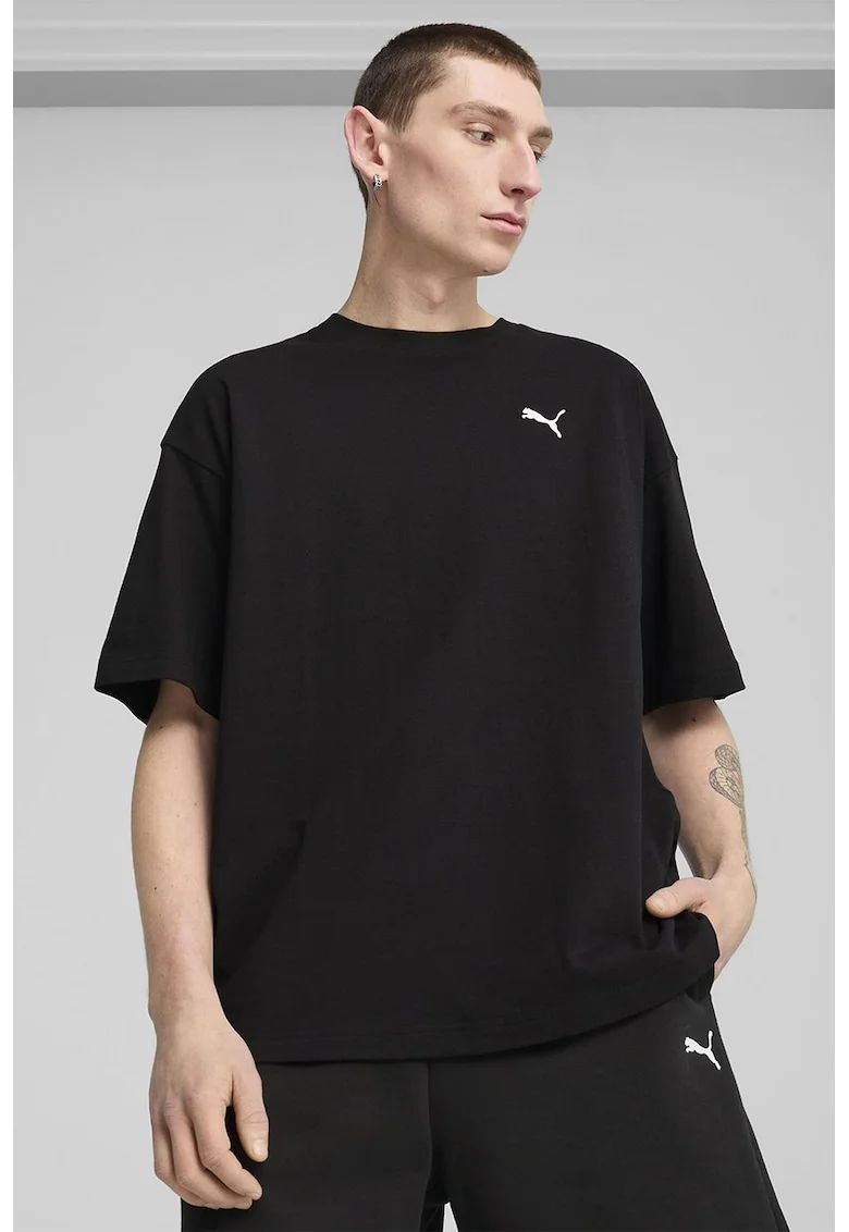 Tricou de bumbac cu decolteu la baza gatului si logo discret, Negru