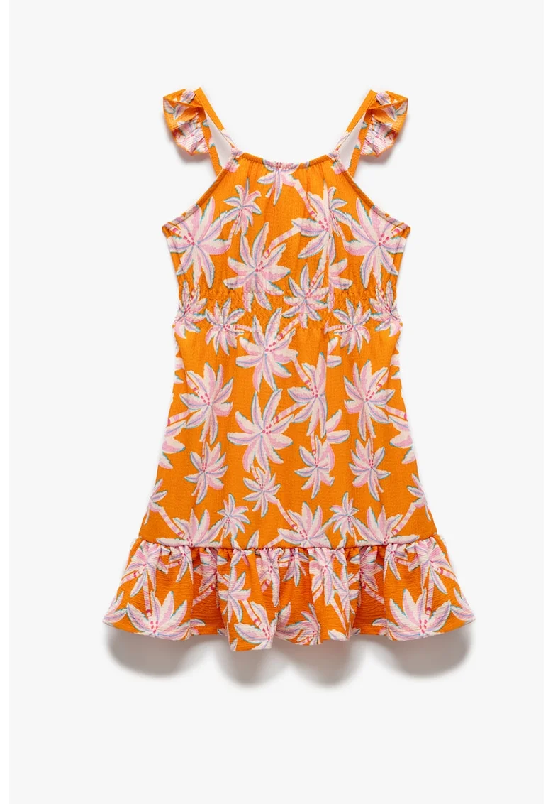 Rochie evazata cu model tropical, Albastru pastel/Portocaliu/Roz prafuit