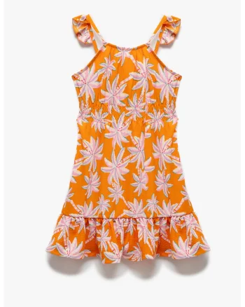 Rochie evazata cu model tropical, Albastru pastel/Portocaliu/Roz prafuit