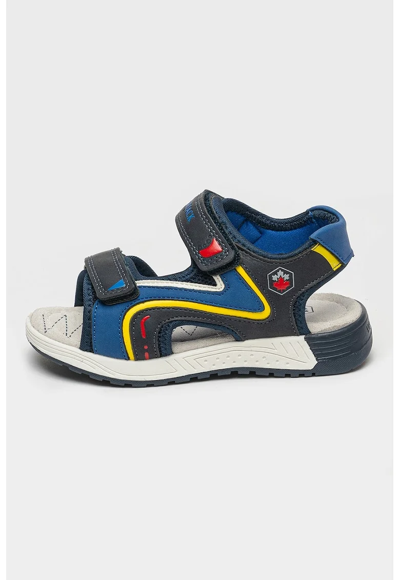 Sandale cu logo si velcro, Galben/Albastru inchis/Bleumarin