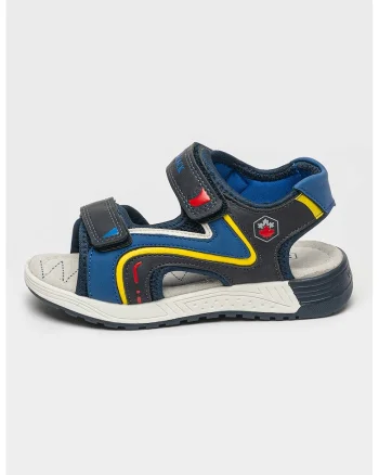 Sandale cu logo si velcro, Galben/Albastru inchis/Bleumarin