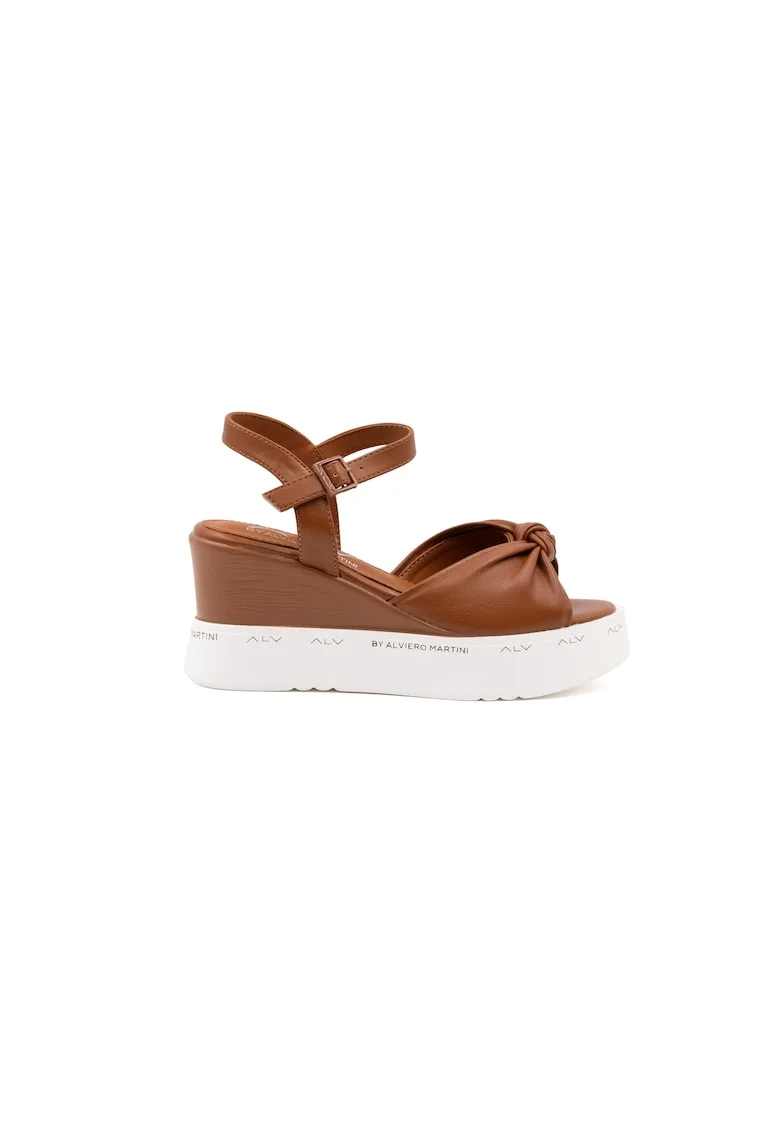 Sandale wedge din piele ecologica, Caramel