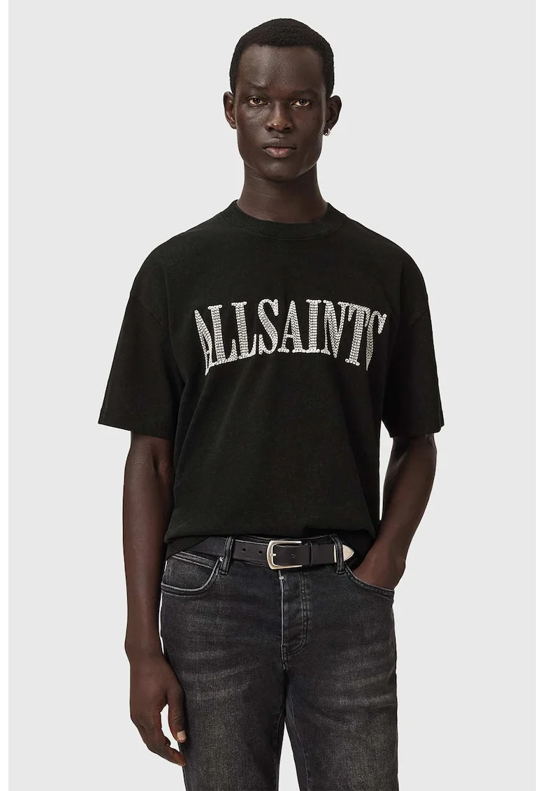 Tricou cu decolteu la baza gatului si logo decorat Dash, Negru