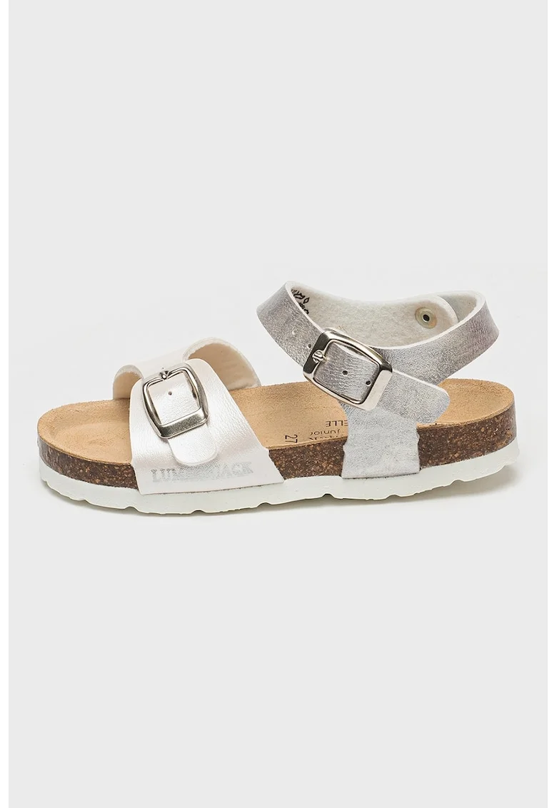 Sandale de piele ecologica cu talpa plata Bling, Maro taupe deschis/Alb optic/Argintiu