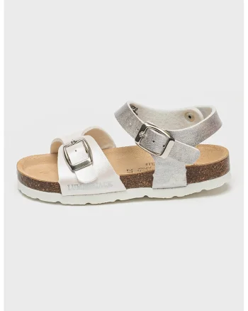 Sandale de piele ecologica cu talpa plata Bling, Maro taupe deschis/Alb optic/Argintiu