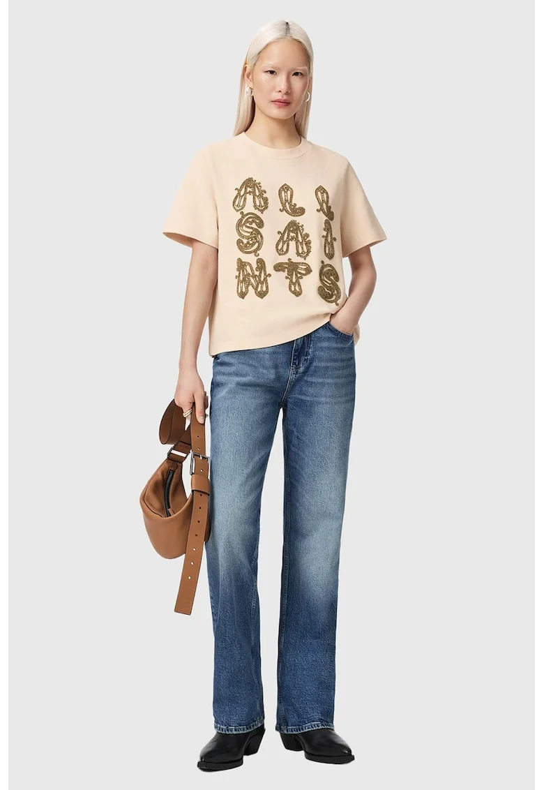 Tricou de bumbac cu logo cu margele Ella, Bej