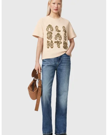 Tricou de bumbac cu logo cu margele Ella, Bej