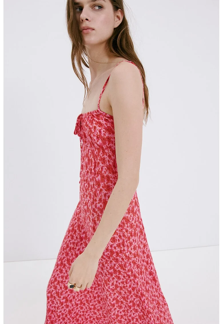 Rochie lunga vaporoasa cu model floral, Rosu/Roz
