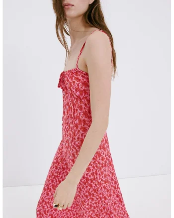Rochie lunga vaporoasa cu model floral, Rosu/Roz