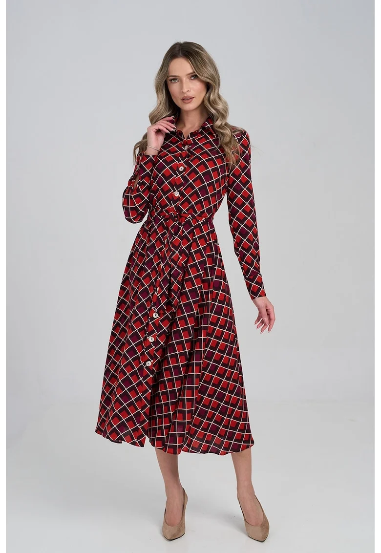 Rochie cu nasturi si model geometric, Visiniu/Negru/Coral