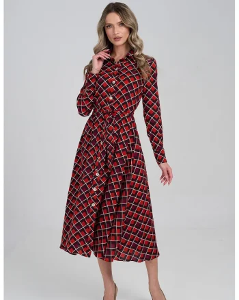 Rochie cu nasturi si model geometric, Visiniu/Negru/Coral