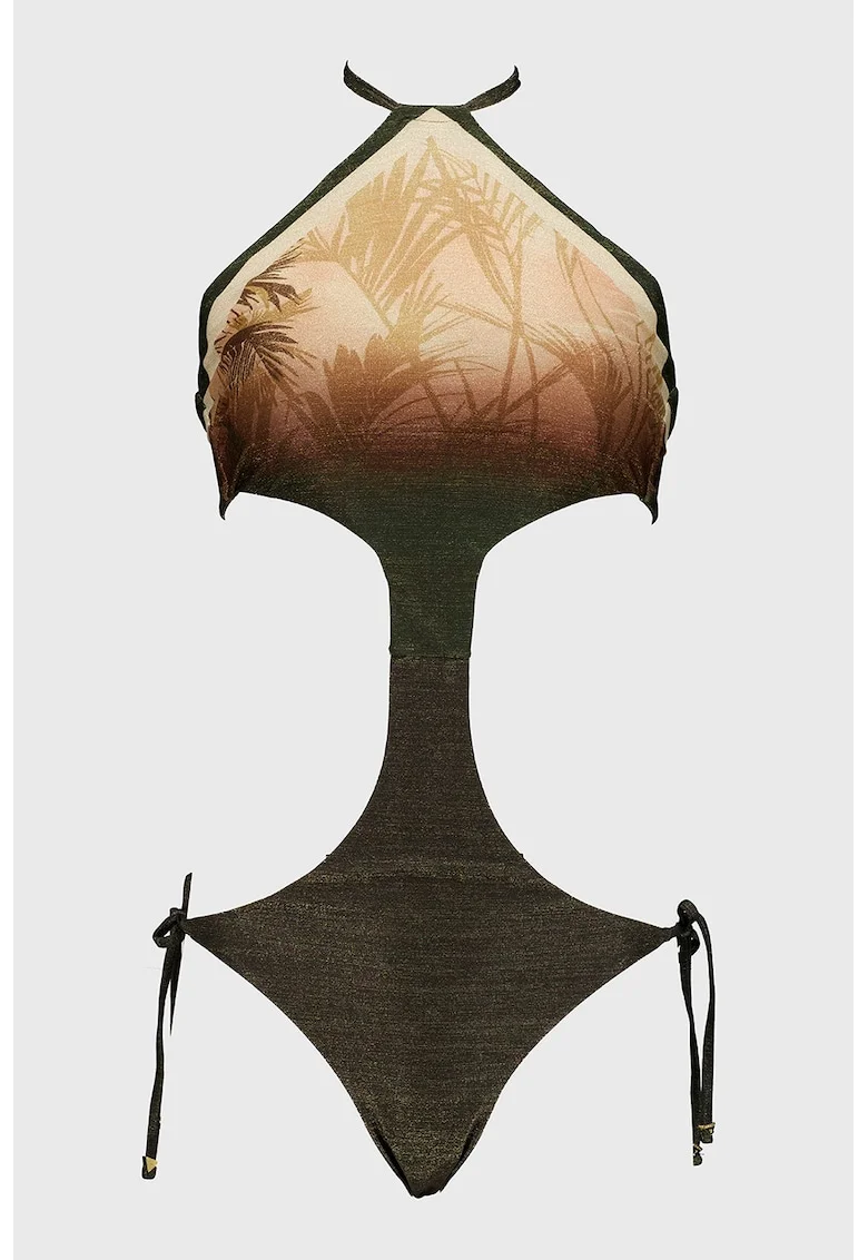 Costum de baie intreg cu imprimeu si decupaje, Verde/Auriu/Maro