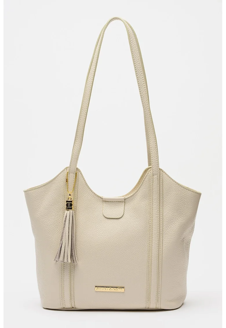 Geanta shopper din piele granulata cu accesoriu, Bej deschis