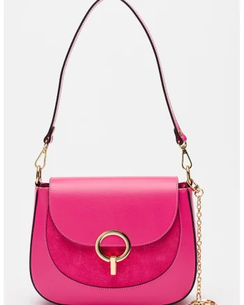 Geanta din piele cu bareta de umar si clapa, Fucsia