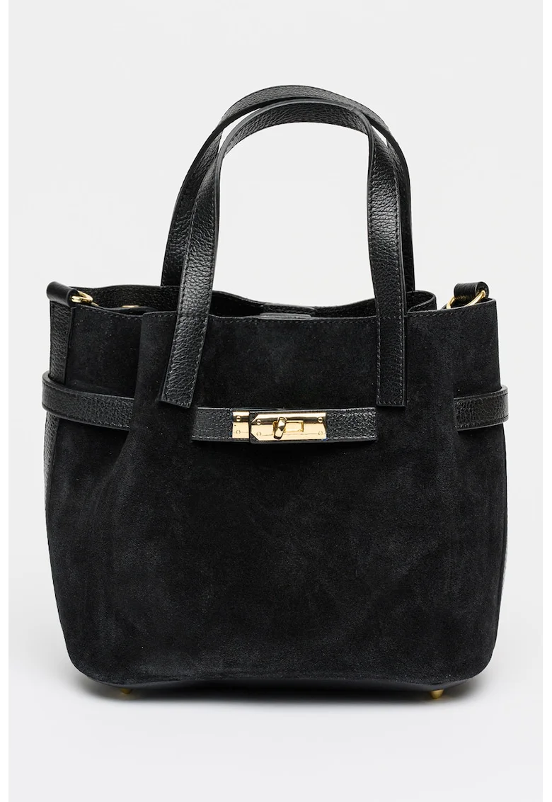 Geanta tote din piele intoarsa cu accesoriu detasabil, Negru