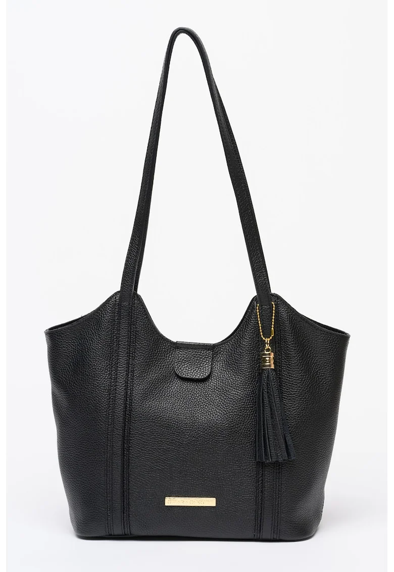Geanta shopper din piele granulata cu accesoriu, Negru