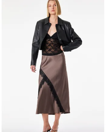 Fusta midi cu garnituri de dantela si aspect petrecut, Maro taupe