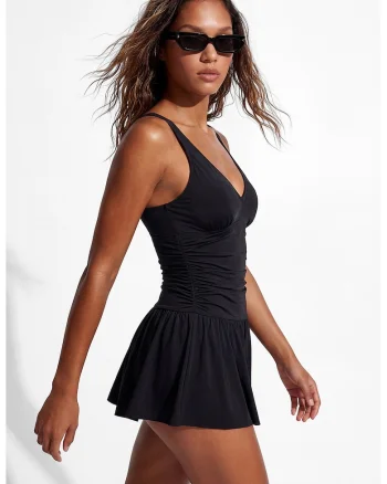 Costum de baie intreg cu model rochie, Negru