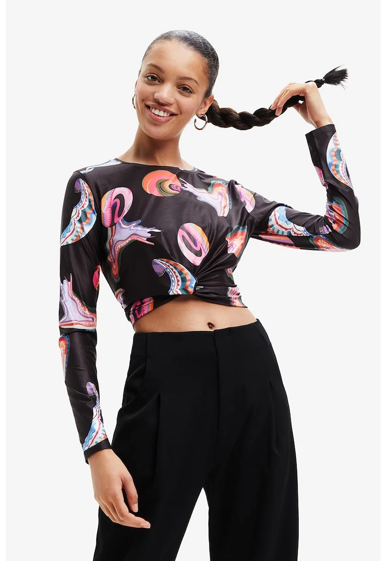 Bluza crop cu design rasucit, Negru stins/Roz