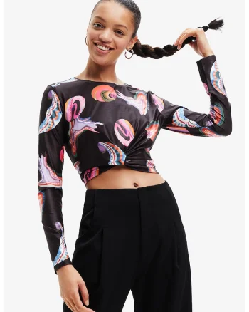 Bluza crop cu design rasucit, Negru stins/Roz