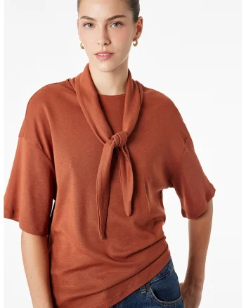 Tricou din amestec de modal cu esarfa pe decolteu, Portocaliu stins