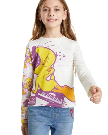 Bluza de bumbac cu tematica Tweety, Alb/Galben/Violet