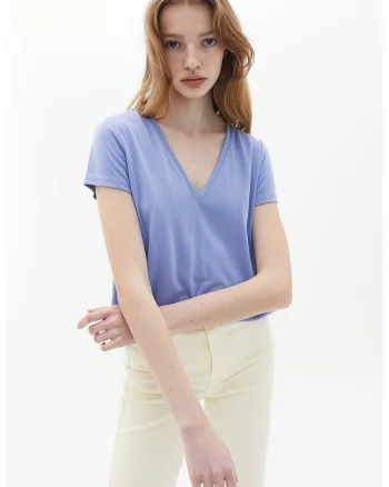 Tricou lejer din amestec de modal cu decolteu in V, Albastru prafuit