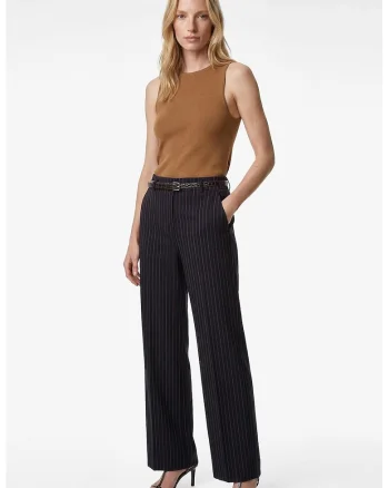 Pantaloni cu dungi, fermoar lateral si talie inalta, Bleumarin
