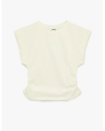 Tricou de bumbac cu aplicatii de perle sintetice, Alb