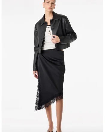 Fusta midi asimetrica cu garnituri de dantela, Negru