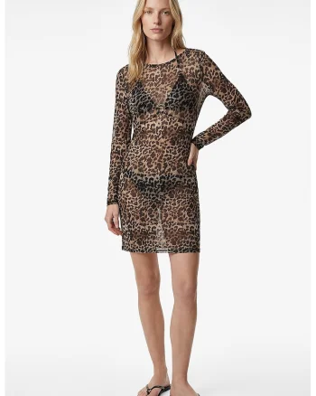 Rochie de plaja cu animal print si maneci lungi, Maro/Bej