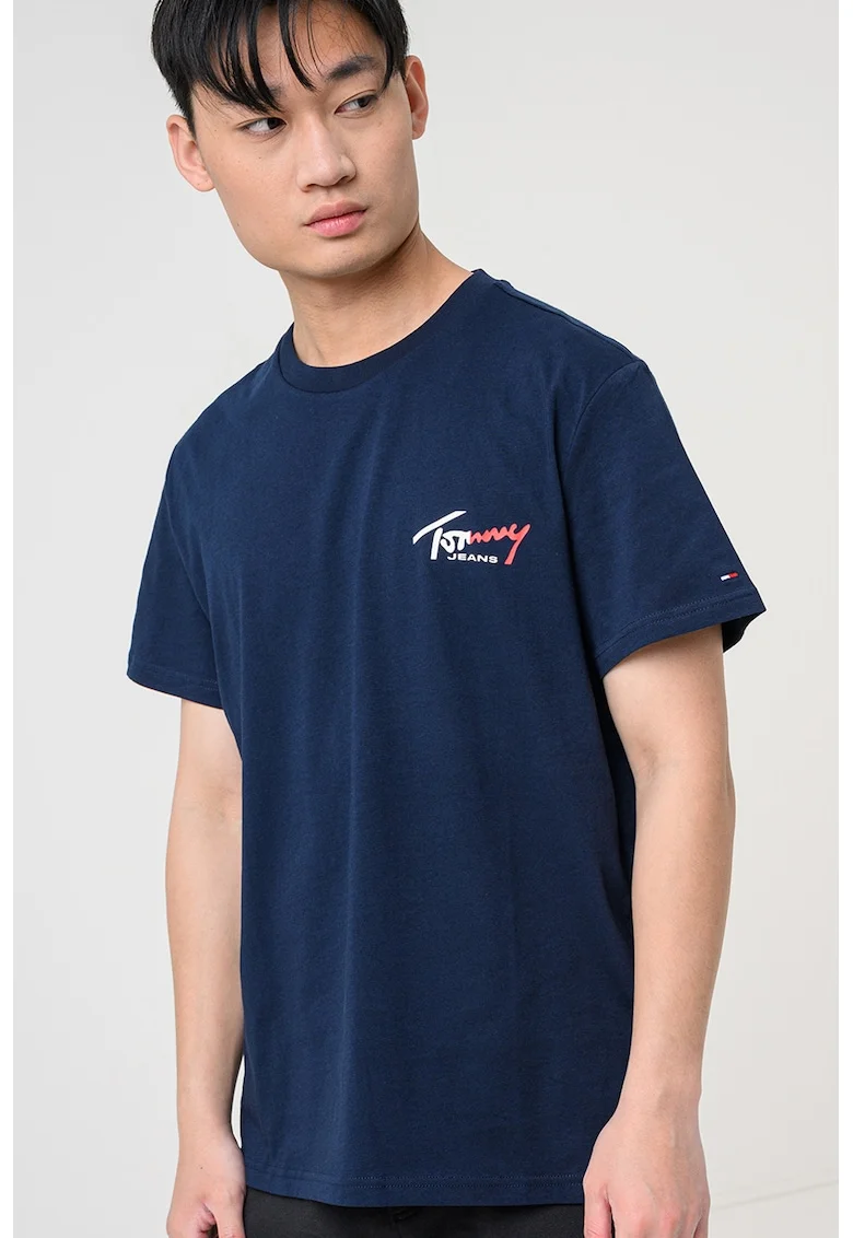Tricou cu decolteu la baza gatului si imprimeu logo, Alb/Bleumarin